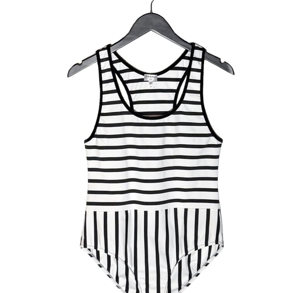 Chanel 2022 White Striped One Piece Swimsuit